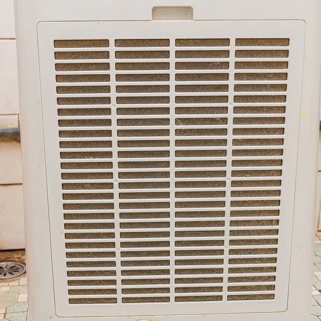 Rear side of a portable dehumidifier showing its air intake grille
