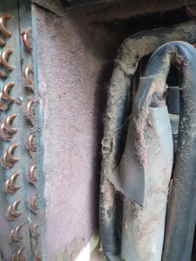 Air conditioner filter caked with gray dust