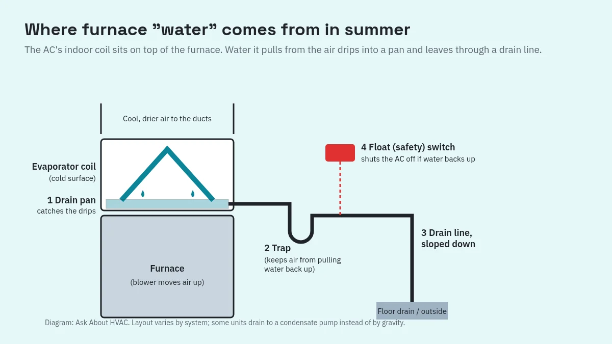 Diagram of an AC evaporator coil on top of a furnace, showing the drain pan, trap, sloped condensate drain line and float safety switch