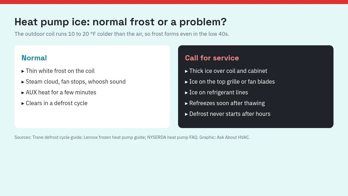 Comparison chart: light frost that clears in a defrost cycle is normal; thick ice on the top, fan or refrigerant lines needs service