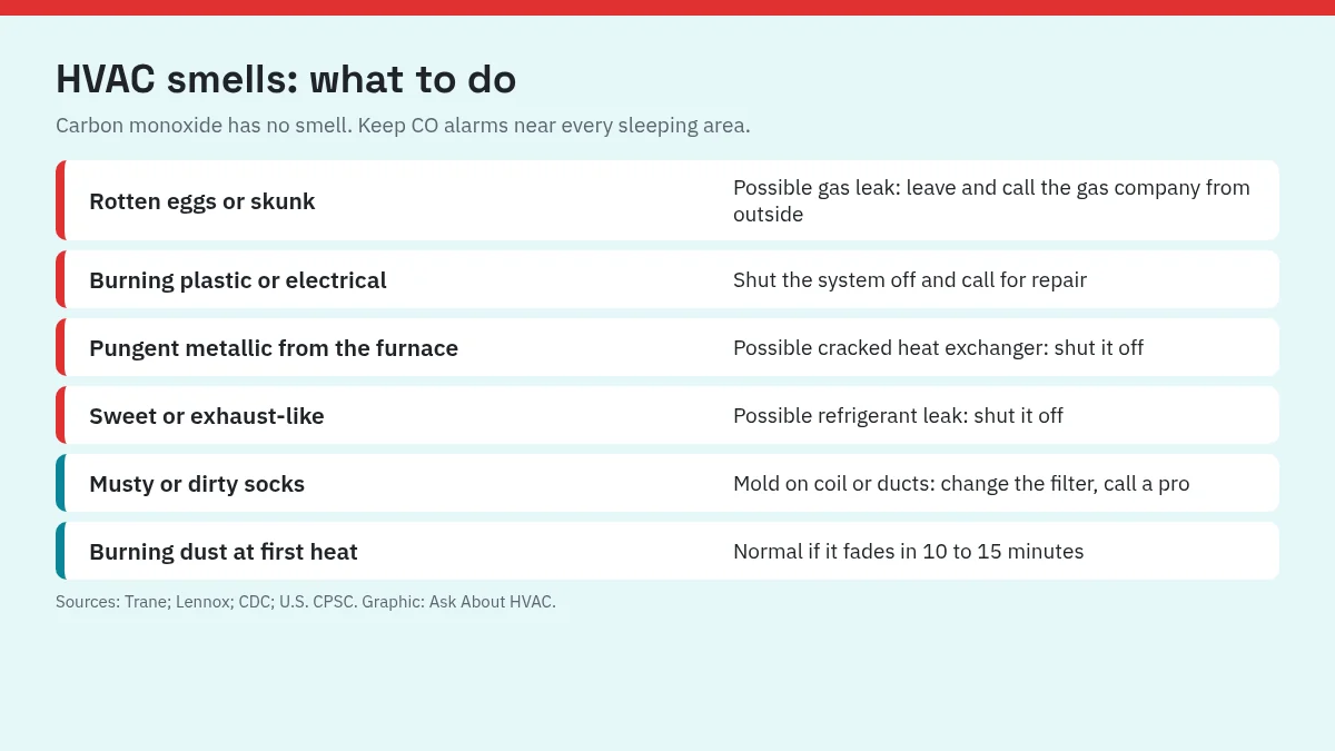 Chart of HVAC smells and actions: dusty burning normal at first heat, rotten eggs leave and call gas company, electrical burning shut off, musty check filter and coil, metallic shut off furnace