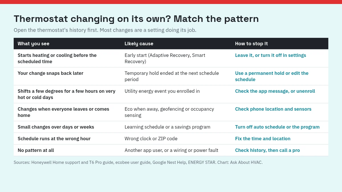 Chart matching what a thermostat does on its own to the likely cause and how to stop it, from early start and expired holds to utility events, away modes, learning schedules and a wrong clock